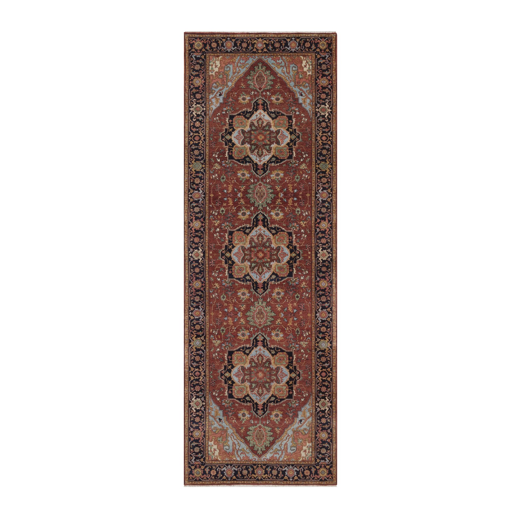 4'x12' Barn Red, Hand Knotted, Antiqued Fine Heriz Re-Creation, Medallions Design, Hand Spun New Zealand Wool, Denser Weave, Soft Pile, Vegetable Dyes, Wide Runner, Oriental Rug 
